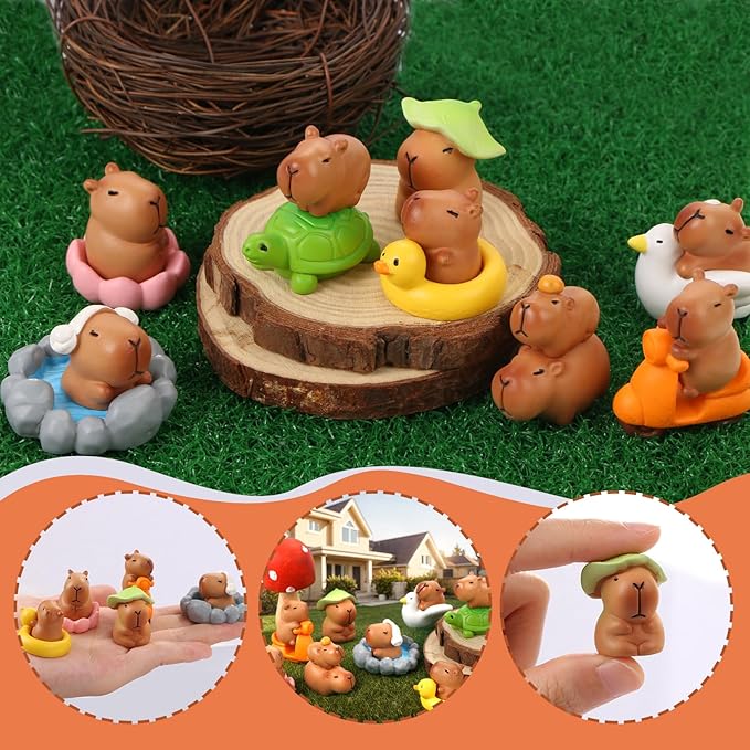 Mini Capybara Figurines 13 Pieces Tiny Capybara for Car Dashboard Dollhouse Miniatures Mini Resin Animals for Fairy Garden Home Decor Capybara Birthday Decorations