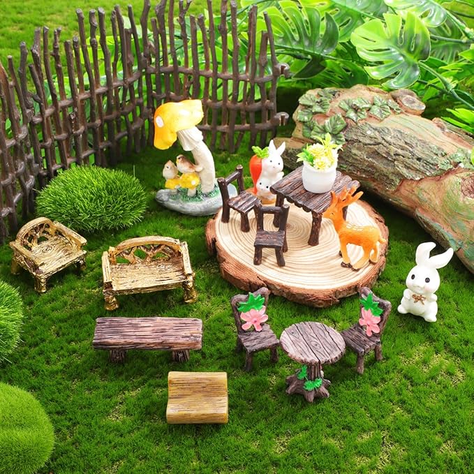 FAVOMOTO 10PCS Miniature Table and Chairs Set, Garden Furniture Ornaments Micro Landscape Decoration Fairy Garden Accessories for Dollhouses Home Decor