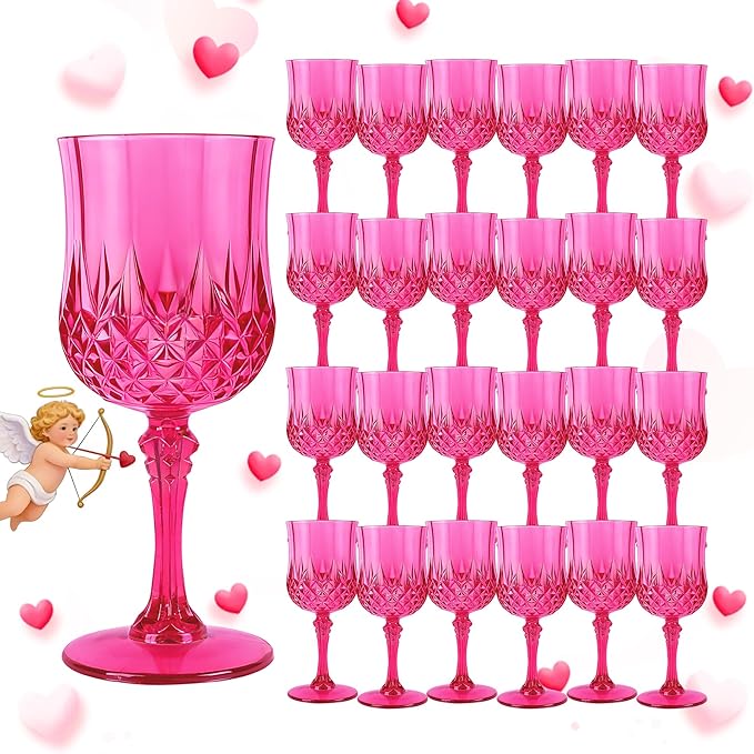 LEYIQU Plastic Wine Glasses, Plastic Goblets Vintage Style Cordial Drinking Glasses for Valentine’s Day, Wedding Reception, Grand Event Party Supplies (24, Hot Pink)