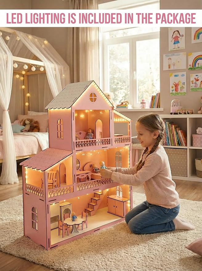 Wooden Doll House with Led Lights Set and Furniture Accessories, Large Size Pink Wooden Dream House, Dollhouse