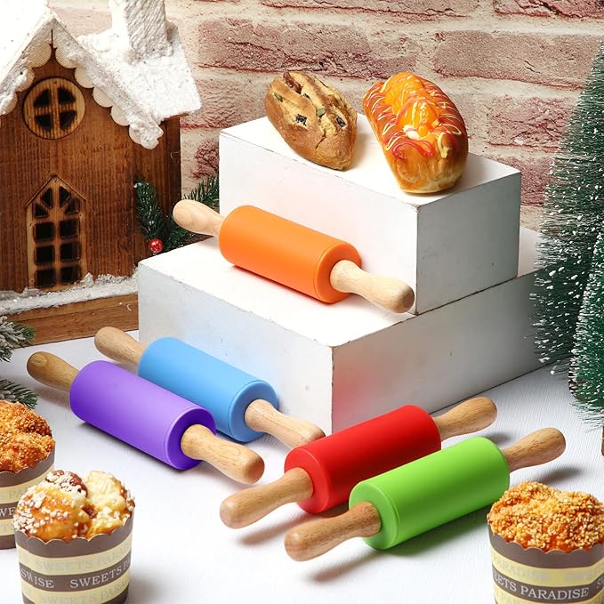 10 Pcs Small Rolling Pin Kids 9 Inch Mini Rolling Pin Silicone Wooden Cooking Pins Baking 5 Colors Non Stick Kids with Wooden Handle for Christmas Kitchen Dough Cookie Pastry Fondant Cake