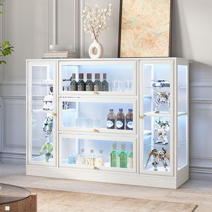 Display Cabinet with Acrylic Glass Doors,Extra Wide Curio Cabinet with LED Lighting for Collectibles, Collectibles Toy Organizers Rack & Display Shelf Display Case, White