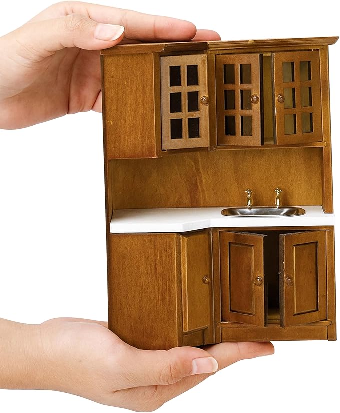 Dollhouse Kitchen Cabinets - 1/12 Scale Miniature Wooden Storage Pantry with Sink, Mini Modern for Corner Cooking Furniture Kitchen Accessories for Doll House Restaurant Decoration, Brown