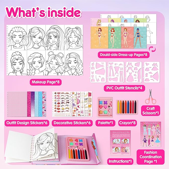 Mocoosy Makeup Art Craft for kids Ages 4-8, Pretend Makeup Coloring Activity Book with Stickers, Fashion Designer Kit for Girls, Travel Game Road Trip Toy Valentine's Gift for Girl 5 6 7 8 9 Years Old