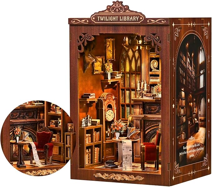 Soothee DIY Book Nook Kit with LED Lights (Twilight Library) - 3D Puzzles for Adults & Teens, Miniatures and Model Building Kits for Bookshelf Decor, Relaxing Craft & Unique Gift for Craft Lovers