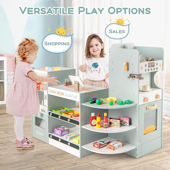 Costzon Kids Grocery Store Playset, Wooden Play Store w/Checkout Counter, Cash Register, Vending Machine, Coffee Maker & Play Food Accessories, Grocery Pretend Play Toy for Boys & Girls