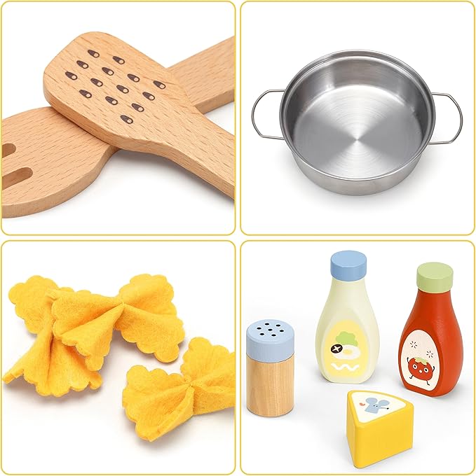 Pillowhale Pasta Food Toys, Wooden Play Kitchen Food , Play Food with Pots and Pans Playset, Kids Pretend Play Kitchen Accessories Toys Set for Girls Boys 3+Years Old