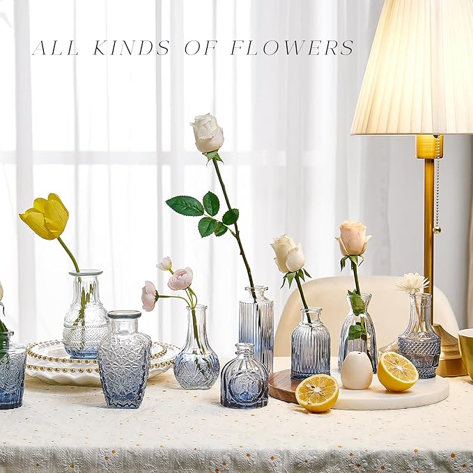 Glass Bud Vase Set of 16, Small Flower Vases, Glass Vases for Centerpieces, Vintage Home Table Decorations Bud Vases (16 Pcs, Blue)