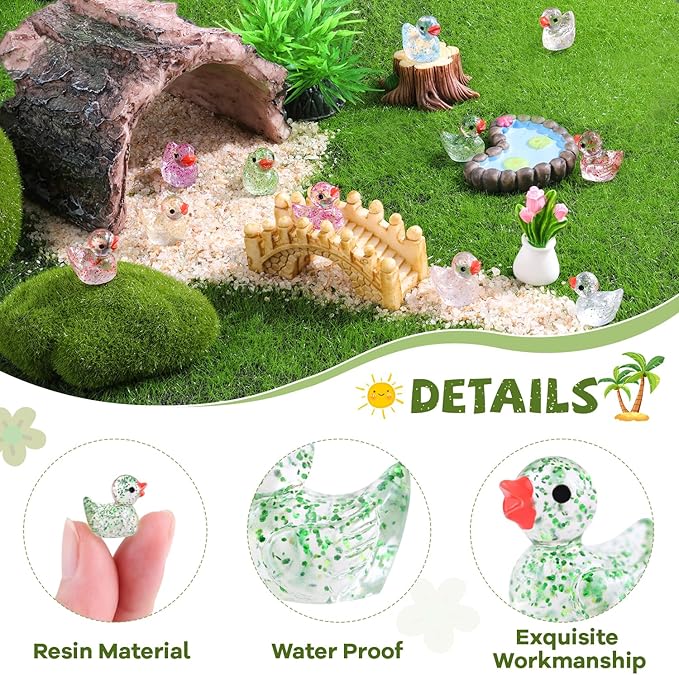 120PCS Mini Resin Animals Cute Colorful Glitter Tiny Ducks, Miniature Figures to Hide, Little Animal Accessories Bulk for Topper Garden Dollhouse Landscape Aquarium Ornaments DIY Crafts & Decor