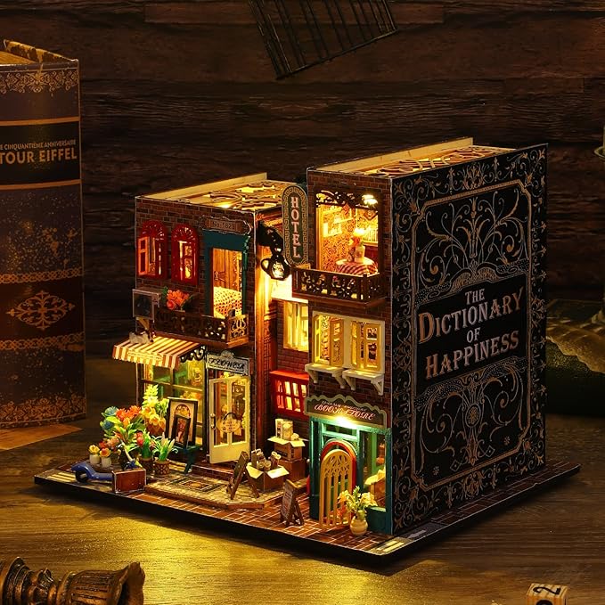 DIY Miniature House Kit, Tiny 3D Wooden Street Scene, Mini Dollhouse Bookshelf Decor Kit with Dustproof Cover & Music Movement, Creative House Craft for Adults, Gift for Family and Friends