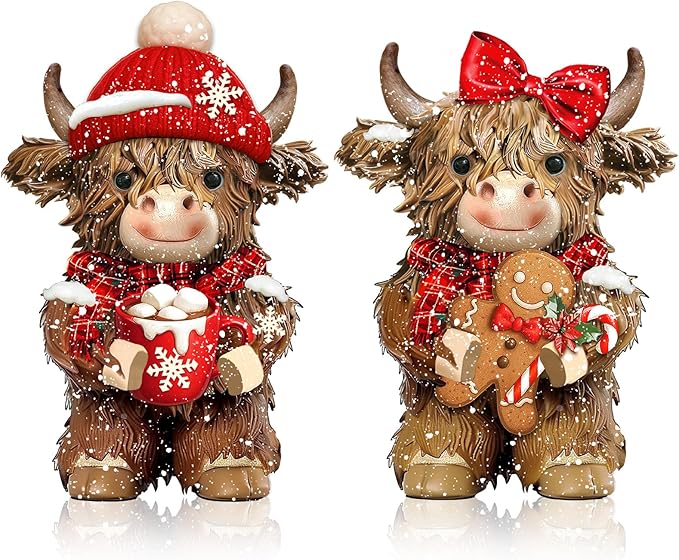 Burbell 2 Pcs Christmas Highland Cow Figurines Decor Cow Gnomes with Santa Hat Christmas Resin Statue Calf Lovers Gifts for Farmhouse Home Garden Bathroom Kitchen Office Tiered Tray Table Decor