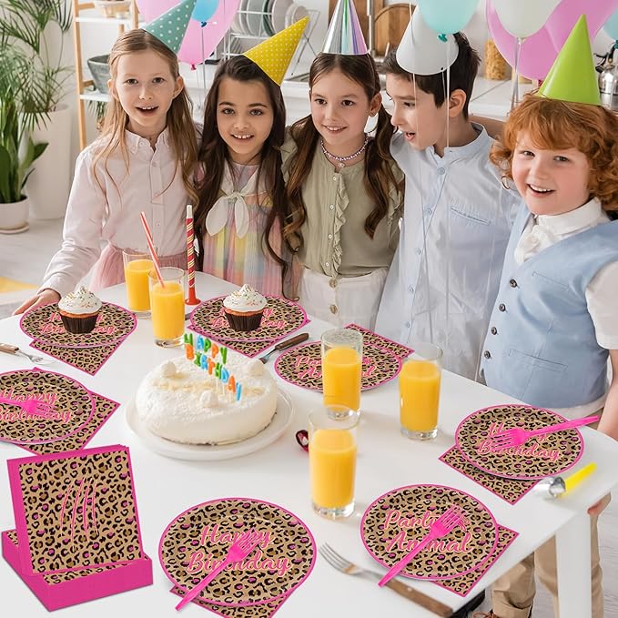 96Pcs Leopard Print Party Decorations Hot Pink Cheetah Print Birthday Themed Tableware Safari Animal Plates Napkins Forks Jungle Leopard Dinnerware Supplies for Baby Shower Birthday Serves 24 Guests