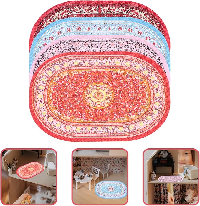 LOGOFUN 8PCS Miniature Carpet Doll House 1:12 Scale Mini Turkish Rugs Tiny Vintage Woven Oval Carpet for Micro Scene Furniture Accessories