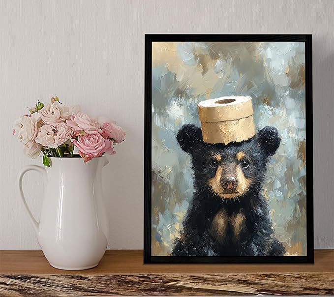 VPUQWGKE Bathroom Bear Canvas Wall Art Black Bear With Paper Wall Decor Picture Bathroom Humor Funny Animal Painting Print for Kids room toilet Washroom Home Decoration 12x16in Black Frame