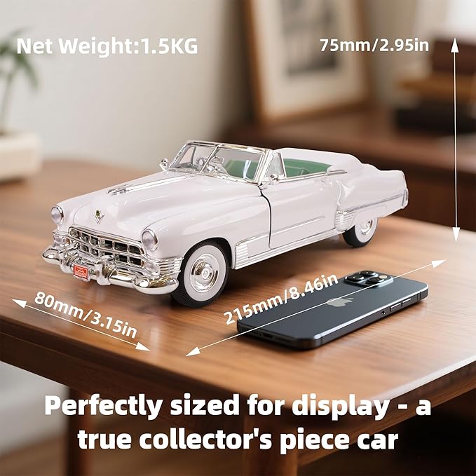 1949 Cadillac Elvis 1/18 Scale Die-Cast Metal Model Car with Opening Doors & Display Case - Premium Classic Vintage Collectible Car for Kids Men and Teens (White)