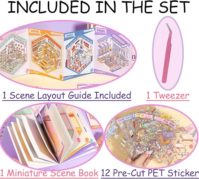 DIY Miniature 3D Sticker Book – 6 Scene Backgrounds with PET Stickers, Tweezers & Guide | Cute Isometric Room Decor Craft for Adults & Kids Stress Relief