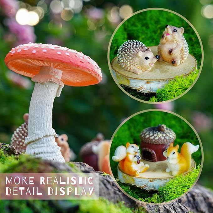 Fairy Garden Accessories, 7 Pieces Squirrel & Hedgehog Resin Figures with Acorn & Mushroom, Handmade Miniature Decor, Garden Miniatures and Home Decorations, Perfect DIY Gift for Kids