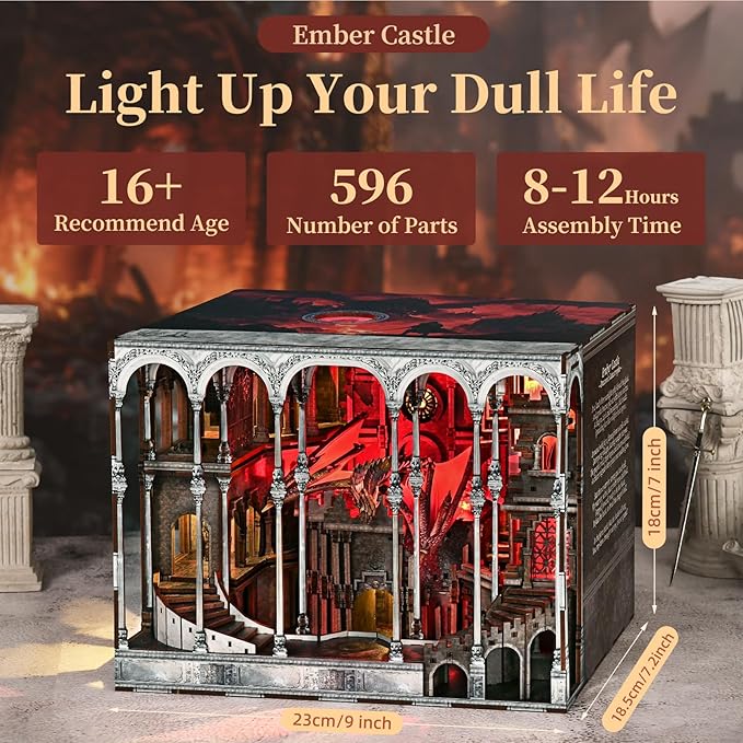 Book Nook Kit, DIY Miniature House Dollhouse Kit for Adult and Teens, Booknook Bookshelf Decor Castle Model Build with LED Light, Gifts for Family and Friends (Ember Castle)