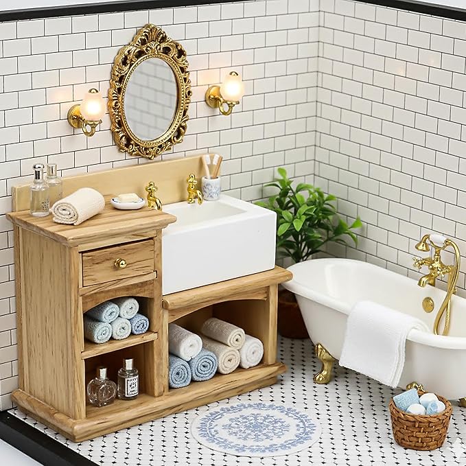 Dollhouse Sink 1/12 Scale Miniature Furniture Bathroom Mini Kitchen Sink with Cabinet Set Dolls House Wooden Accessory Doll Farmhouse Accessories
