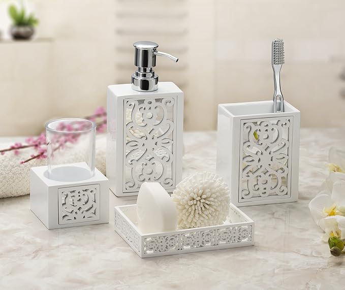 Creative Scents Mirror Janette White Bathroom Accessories Set - Decorative 4 Piece Bathroom Set - Mirrored Bathroom Accessory Set Includes: Soap Dispenser, Toothbrush Holder, Tumbler and Soap Dish