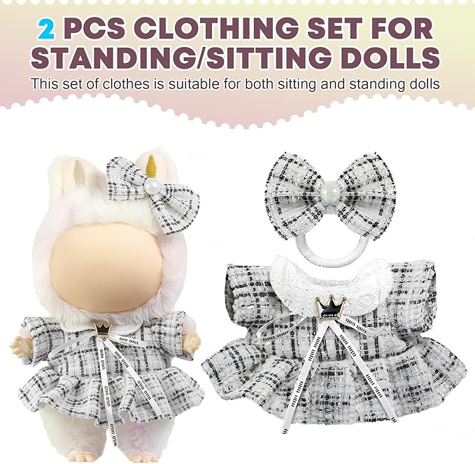 Clothes for LABUBU Doll (NO Doll), Luxury Chic Style 2-Piece Accessories for LABUBU 17cm Dolls, Premium Fashion Outfits for LABUBU - Bow Headdress + Plaid Tweed Dress (White)