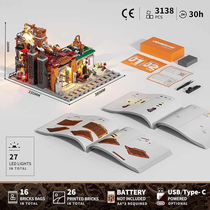 Lumibricks Steampunk Ore Factory Lighting Building-Bricks Set, 3138 Pcs Interactive Mechanical Factory Collection Display Set for Adults and Steampunk Lovers