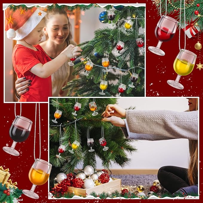Haiabei 48Pcs 3D Mini Christmas Wine Cup Ornaments with 48Pcs Silver Hanging Rope Acrylic Wine Bottle Flat Christmas Ornaments Theme Miniature Bottles for Tree Living Room Dining Decoration,4 Colors