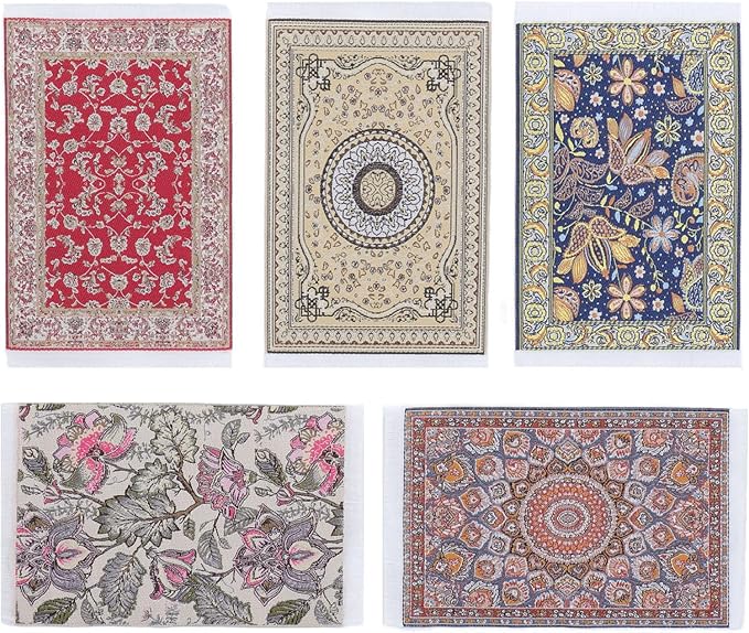 5Pcs Doll House Rug, 1/12 Floral Print Miniature Carpet, 6.3x3.8in Miniature Rugs for Doll House, Woven Fabric Miniatures Floor Blanket for Mini Furniture Decoration