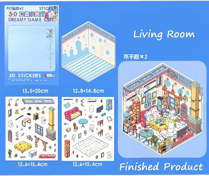 DIY 3D House Stickers for Teens & Adults - 4 Sets Isometric Miniature Room Sticker Book, Cute Cartoon Animal Stickers, Creative Craft for Stress Relief, Home Decoration, and Fun Activity