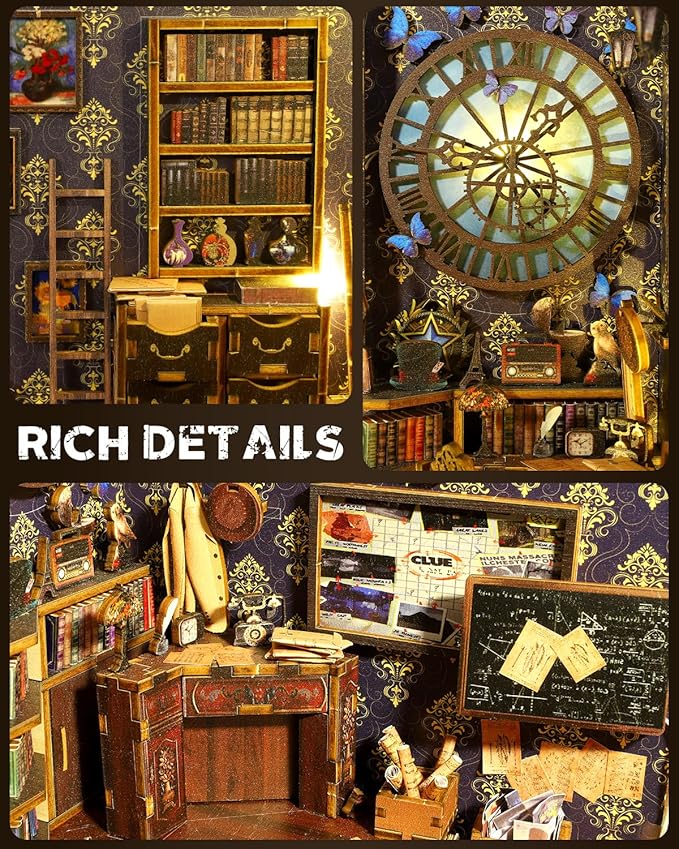 Book Nook Kit Detective Agency, DIY Booknooks Kit for Adults Teens with Sensor Lights, Bookshelf Diorama Miniature Scenes Insert Decor, 3D Wooden Puzzle Miniature House Kit Gifts