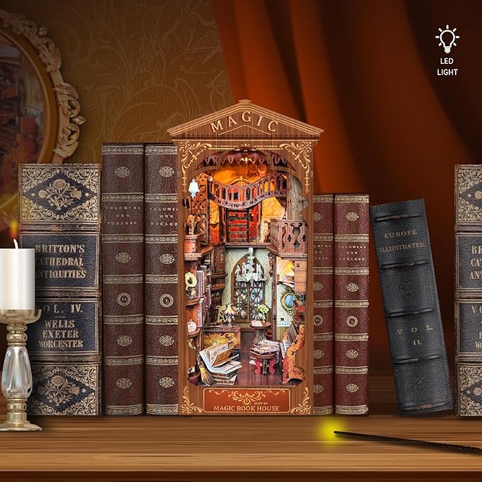 DIY Book Nook Kit 3D Puzzle Wooden Bookends Dollhouse Decorative Bookend Toy for Teenagers Stand Kit Model Kits for Adults to Build 3D Creativity Kit with LED Light