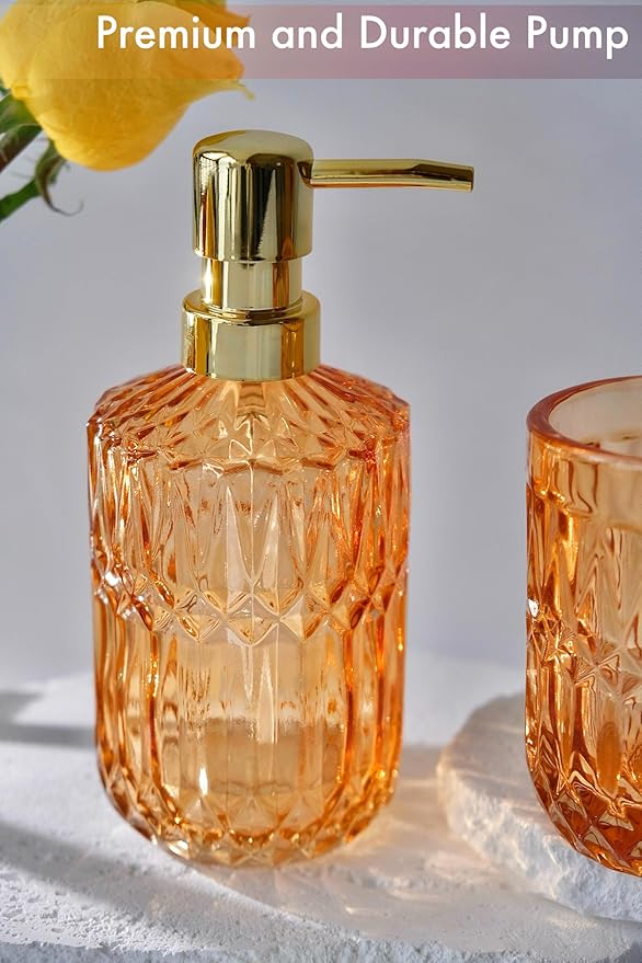 LaMarriti Orange Bathroom Accessories Set, 5Pcs Clear Glass Bathroom Set, Lotion Soap Dispenser, Soap Dish, Tumbler, Toothbrush Holder Set, Qtips Holder for Vintage Bathroom Decor, Gift Set