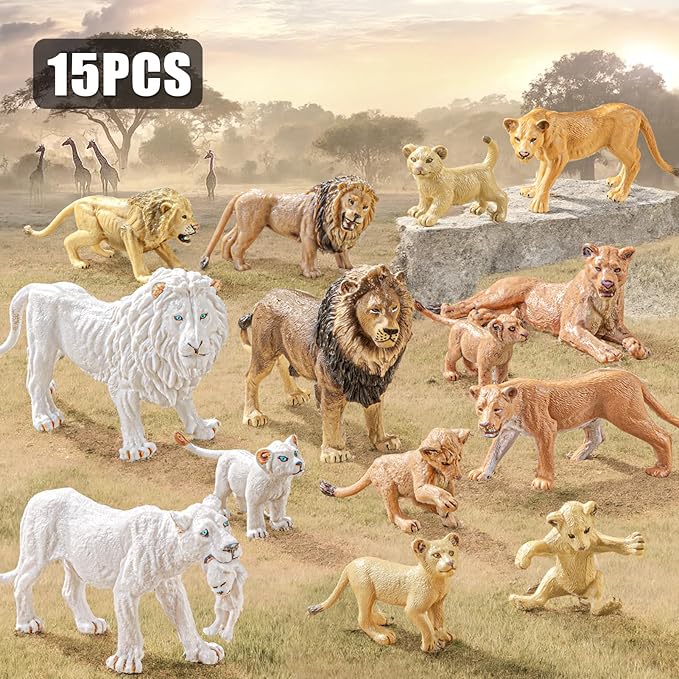 15PCS Lion Toys Figurines Pride, African Jungle Animals Lion Family, Realistic Zoo Animal Toys, Preschool Toy Birthday Gift Cake Toppers for Kids Boys Girls