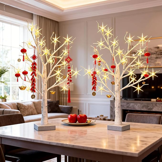 HipTree 2-Pack Lighted Valentines Day Easter Spring Christmas Tree Decorations Indoor, 2ft Birch Tree with LED Lights, Small Tabletop Patriotic Tree with Lights, Warm White Battery- Powered