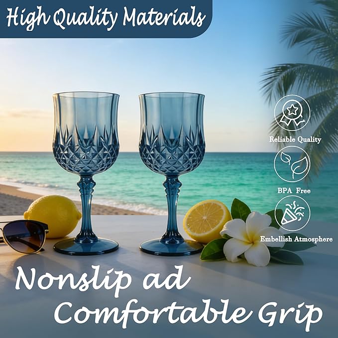 LEYIQU Plastic Wine Glasses, Plastic Goblets Vintage Style Cordial Drinking Glasses for Valentine’s Day, Wedding Reception, Grand Event Party Supplies (24, Navy Blue)