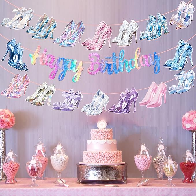 Crystal High Heel Birthday Banners Glass High Heels Birthday Party Supplies 3Pcs Diamond Shoes Banners Girls Princess Party Decor for Fashion Shoes Engagement Wedding Decoration