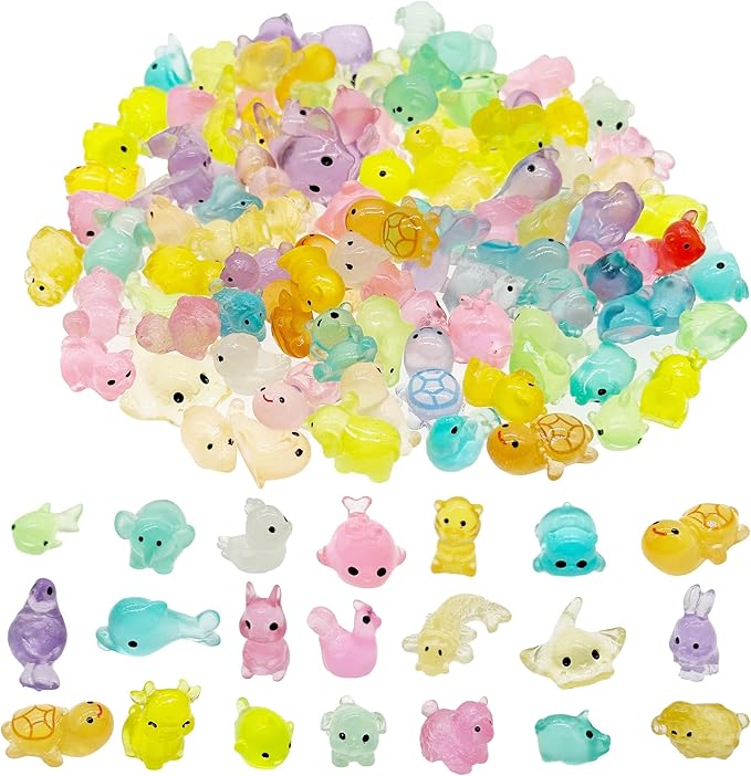 Cayway Mini Resin Animals 100 PCS Miniature Animals Glow in The Dark for Miniature Fairy Garden Decoration Accessories Micro Landscape