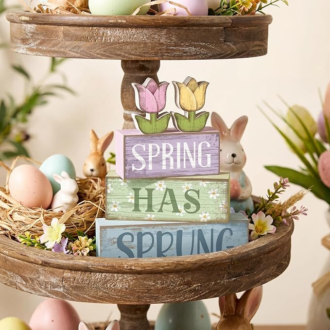Moucuny 4 Pcs Spring Table Decor Wood Floral Decoration Tulip Centerpiece Spring Tiered Tray Decor Decorative Colorful Flower Block Signs Gift Farmhouse Decoration for Home Kitchen