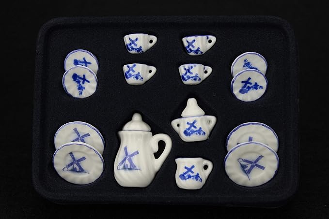 Dollhouse Decoration Accessories, 1:12 Dollhouse Miniature Scene Model 15 PCS Porcelain Teacup and Saucer Set (E, 15 Pcs)