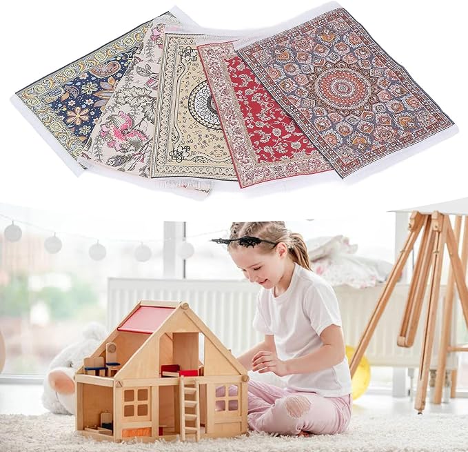 5Pcs Doll House Rug, 1/12 Floral Print Miniature Carpet, 6.3x3.8in Miniature Rugs for Doll House, Woven Fabric Miniatures Floor Blanket for Mini Furniture Decoration