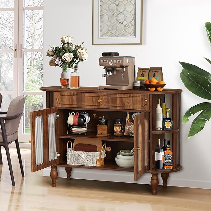 47'' Fluted Sideboard Buffer Cabinet with Drawer, Modern Credenza Storage Cabinet, Bar Cabinet Console Table with Tambour Sliding Side for Living Dining Room Kitchen Hallway Entryway, Walnut