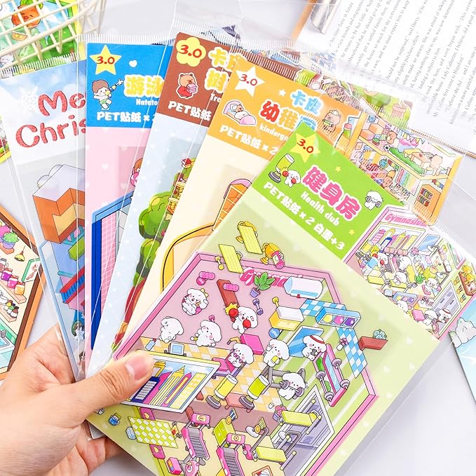 24 Sets 3D Scene Sticker Therapy Fun Cartoon Make Your Own Room Shop Scenes DIY House Stickers for Kids Cartoon Animal Relief Stress Own