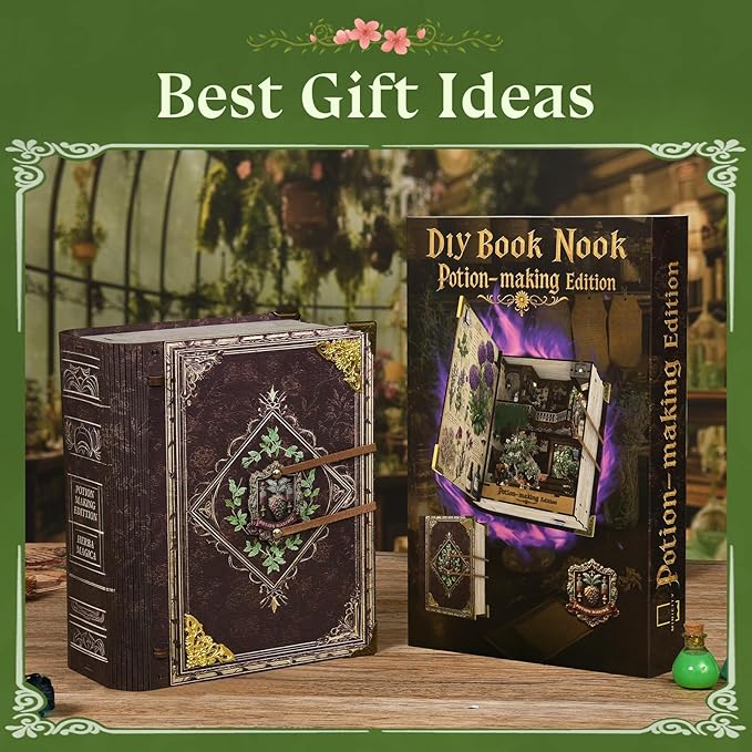 Book Nook Kit - DIY Magic Book Miniature Dollhouse Booknook Bookshelf Decor 3D Wooden Puzzle, Gifts for Family, Friends (Potion-Making Edition)