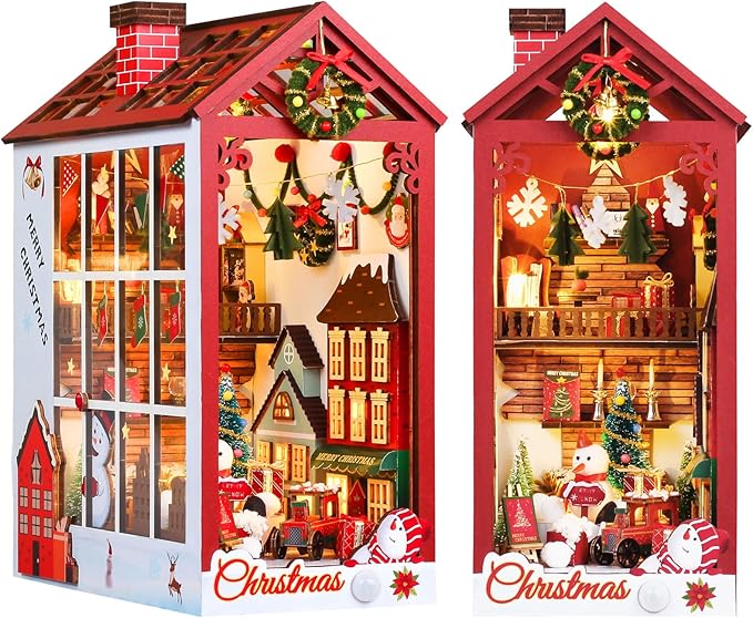 Christmas Book Nook Kit, DIY Dollhouse with Sensor Led Light, Wooden Puzzles, Exclusive, for 14+ Teens and Adults Building
