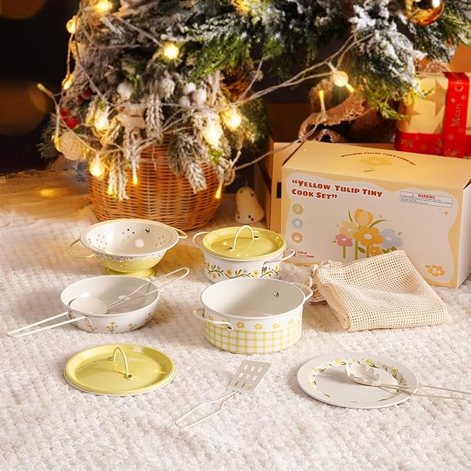 ROBUD Kids Pots and Pans Playset,Toddler Kitchen Accessories Pretend Cooking,Cottagecore Yellow Stainless Steel Pots and Pans Metal, Kitchen Set for Kids, Mini Toy Kitchen Accessories(9 Pieces)