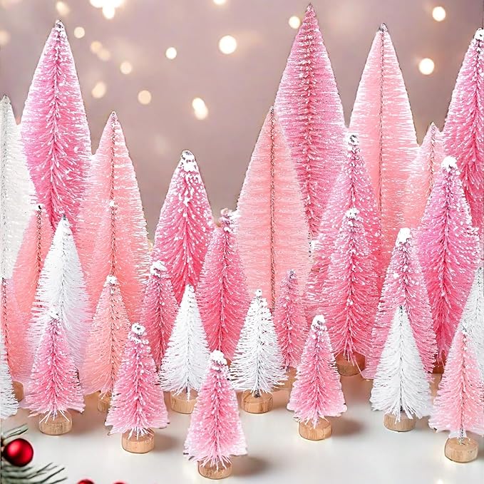 Waipfaru 21 Pcs Bottle Brush Christmas Trees, Mini Christmas Table Decor, Miniature Pine Trees for Xmas Tabletop Crafts Indoor Decor (Pink & White)
