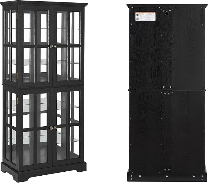 68" H Glass Curio Display Cabinet with Light, 6-Tier Wooden Storage Showcase w/ 4 Glass Doors & Adjustable Shelves, Vintage Accent Cabinet w/Mirrored Back Pane for Home & Office (Black)