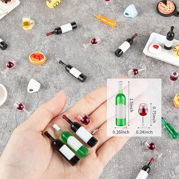 48Pcs Mini Wine Bottles, 1:12 Scale Miniature Red Wine Bottle, Dollhouse Miniature Bottles, Mini Cocktail Glasses Drink Cups for Dollhouse Kitchen Decoration Accessories