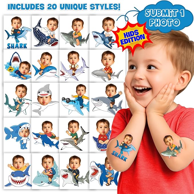 Custom Shark Temporary Tattoos for Kids - Personalized Pre-Cut Face Photo Tattoos - Fun Birthday Party Favors for Boys Girls, Shark Lovers - Set of 20 Unique Celebration Gifts