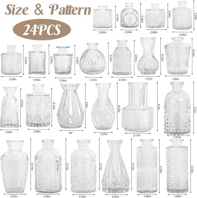 24Pcs Glass Bud Vase Set,Small Flower Vase for Tables Centerpieces Decor, Mini Vintage Clear Vase for Home,Wedding,Party Decorations